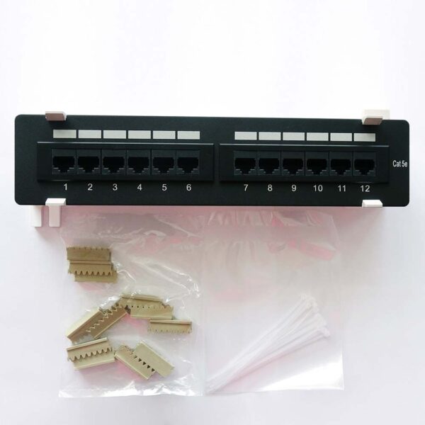 CAT 5E 12-Port Patch Panel - Front View with Accessories