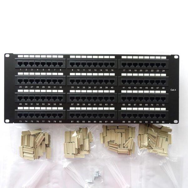 CAT 6 96-Port Patch Panel Rackmount - Front View with Accessories